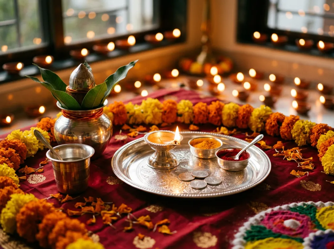 Silver Lakshmi Puja thali with a lit diya, kalash and coins for Diwali 2026 at Swarn Shikhar Jewellers Chembur