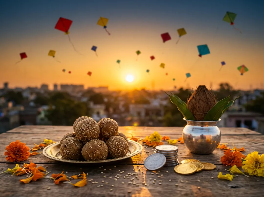 Makar Sankranti morning: kites in a sunrise sky, til-gud laddoos, gold and silver coins, and a silver kalash on a rooftop table