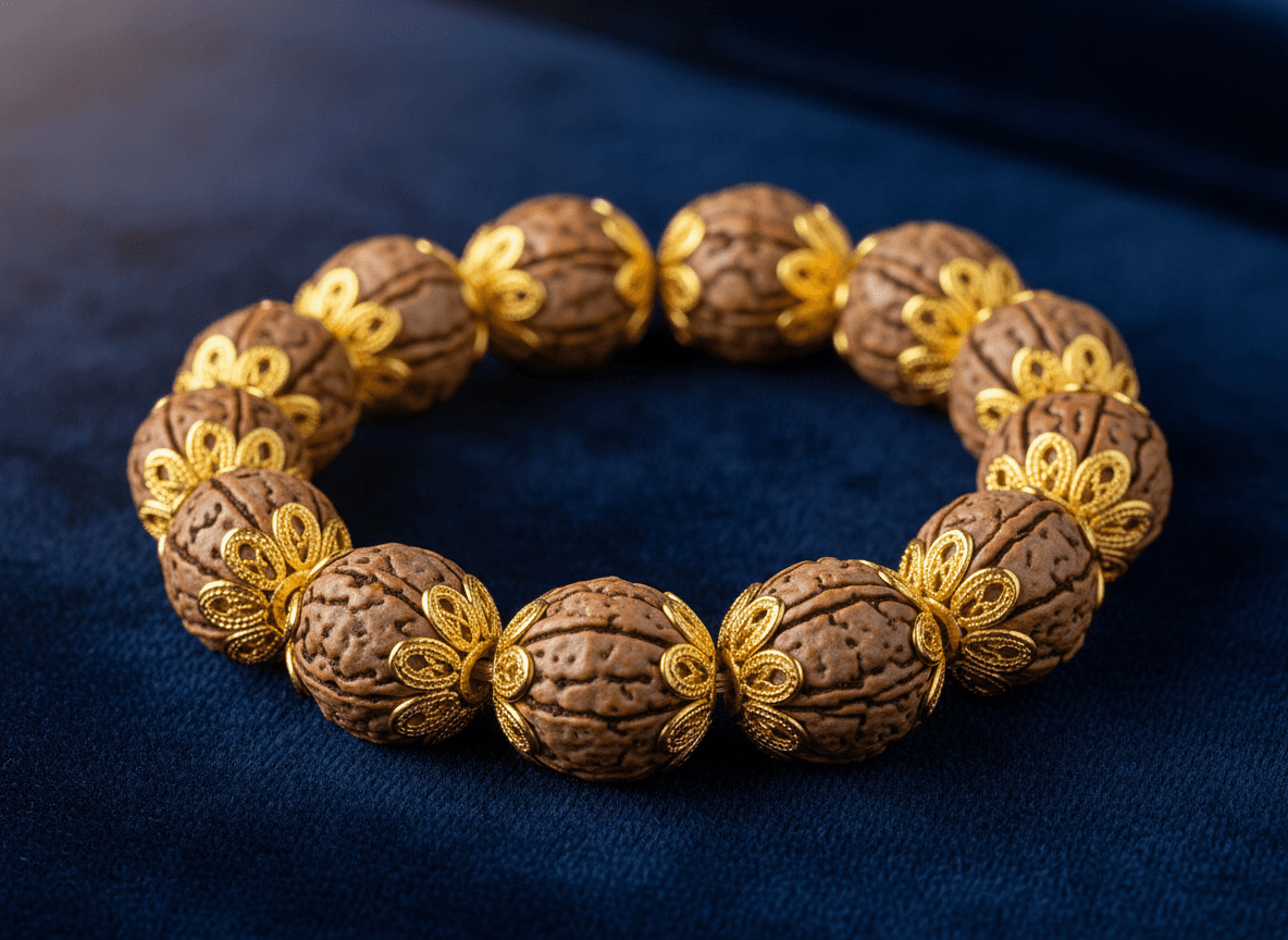 22K gold rudraksha bracelet with petal-style gold caps and natural 5-mukhi rudraksha beads — BIS hallmarked, Swarn Shikhar Jewellers Chembur Mumbai