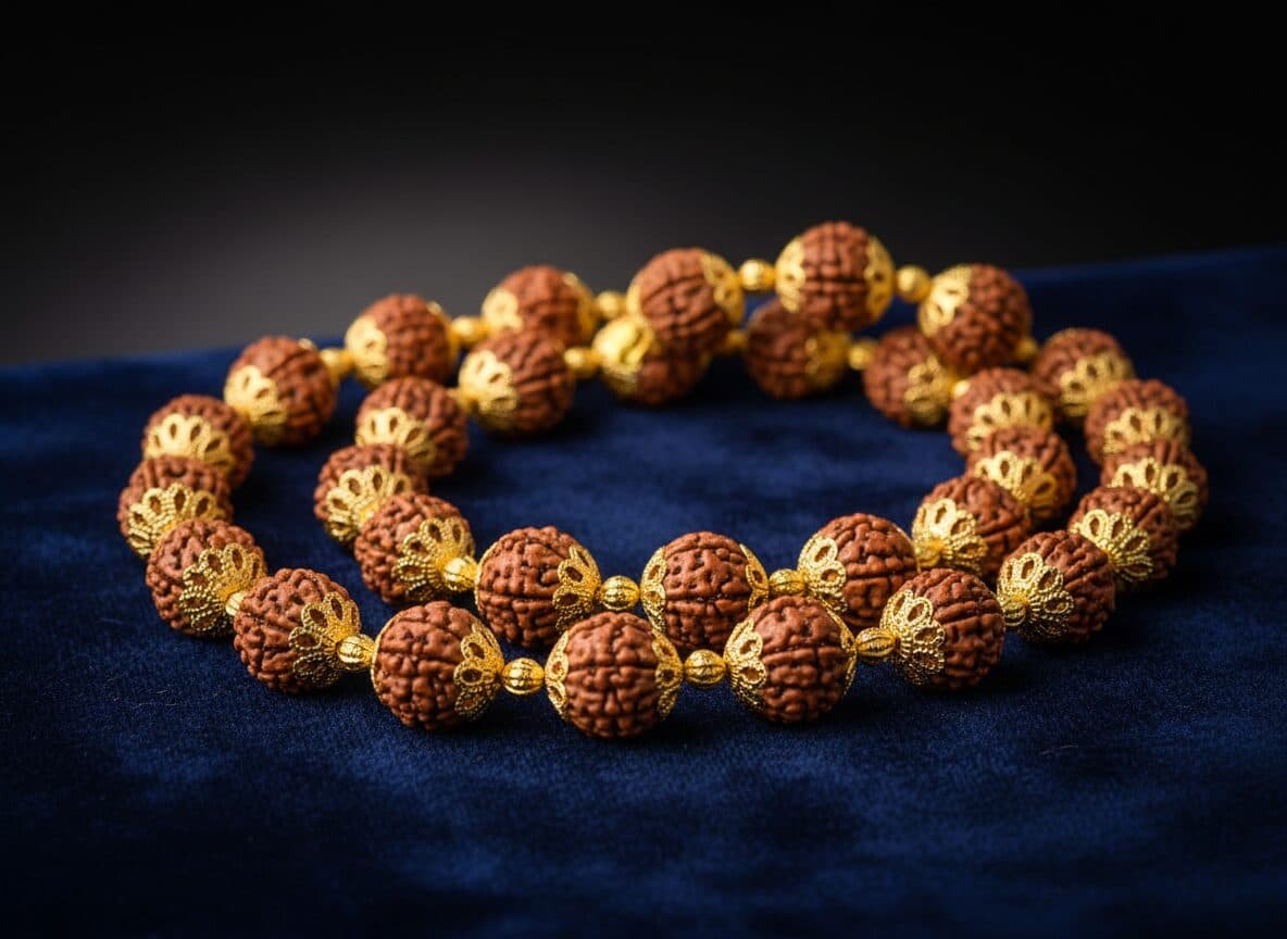 Gold Rudraksha Mala Chain with natural 5 Mukhi beads and ornate gold caps. Swarn Shikhar Jewellers Chembur Mumbai