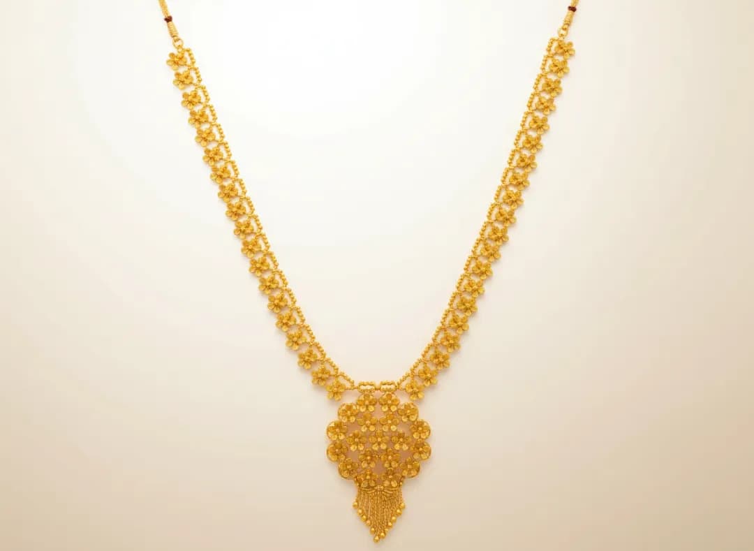 22K gold floral haar necklace in champakali design with flower-shaped links and jhalar pendant cluster — BIS hallmarked, Swarnshikhar Jewellers Chembur Mumbai
