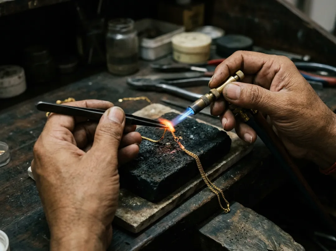 A jeweller soldering the joint of a fine gold chain with a small torch at the workbench