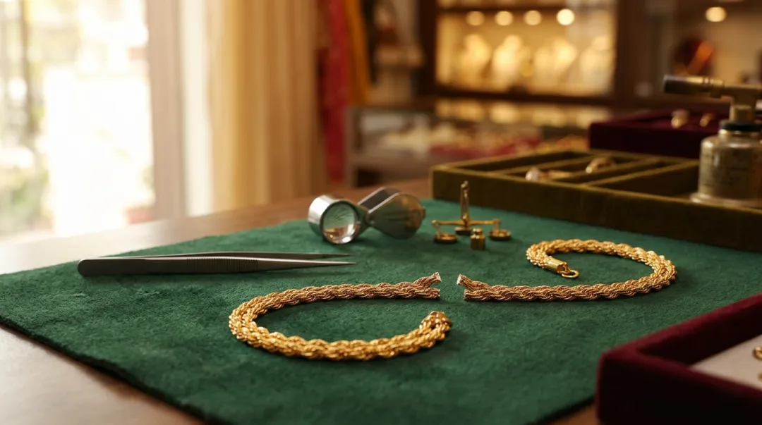 A broken gold chain on a jeweller's bench mat beside repair tools at Swarn Shikhar Jewellers, Chembur