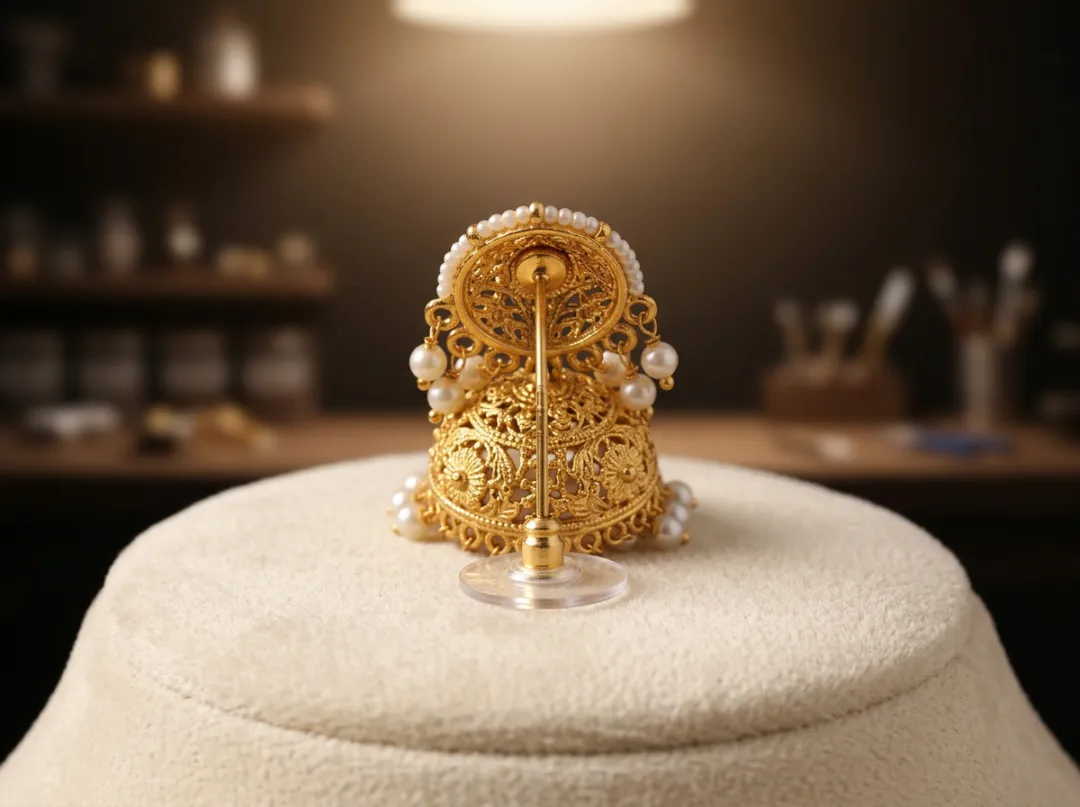 A heavy gold jhumka supported by a clear plastic disc button on its post, seen from behind