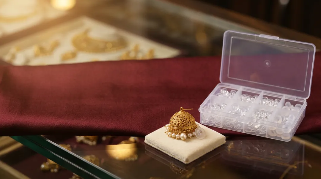 Clear plastic earring buttons and silicone stoppers beside a gold jhumka at Swarn Shikhar Jewellers, Chembur
