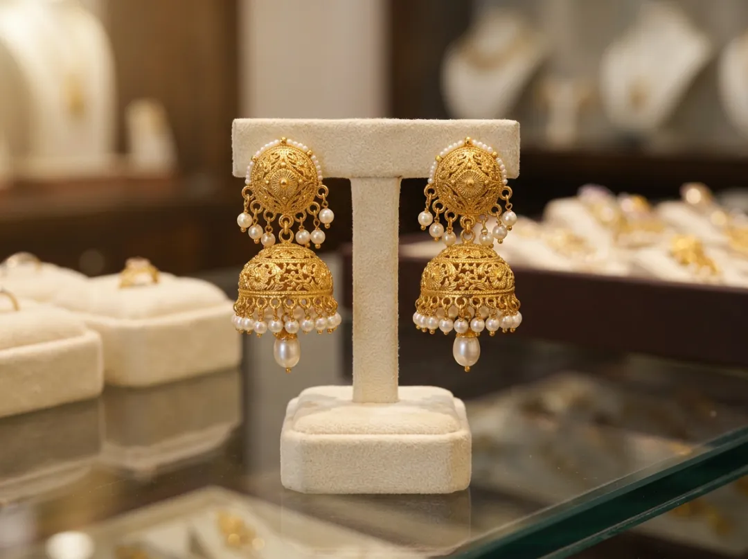 A restored matching pair of gold jhumka earrings with pearl drops on a velvet earring stand