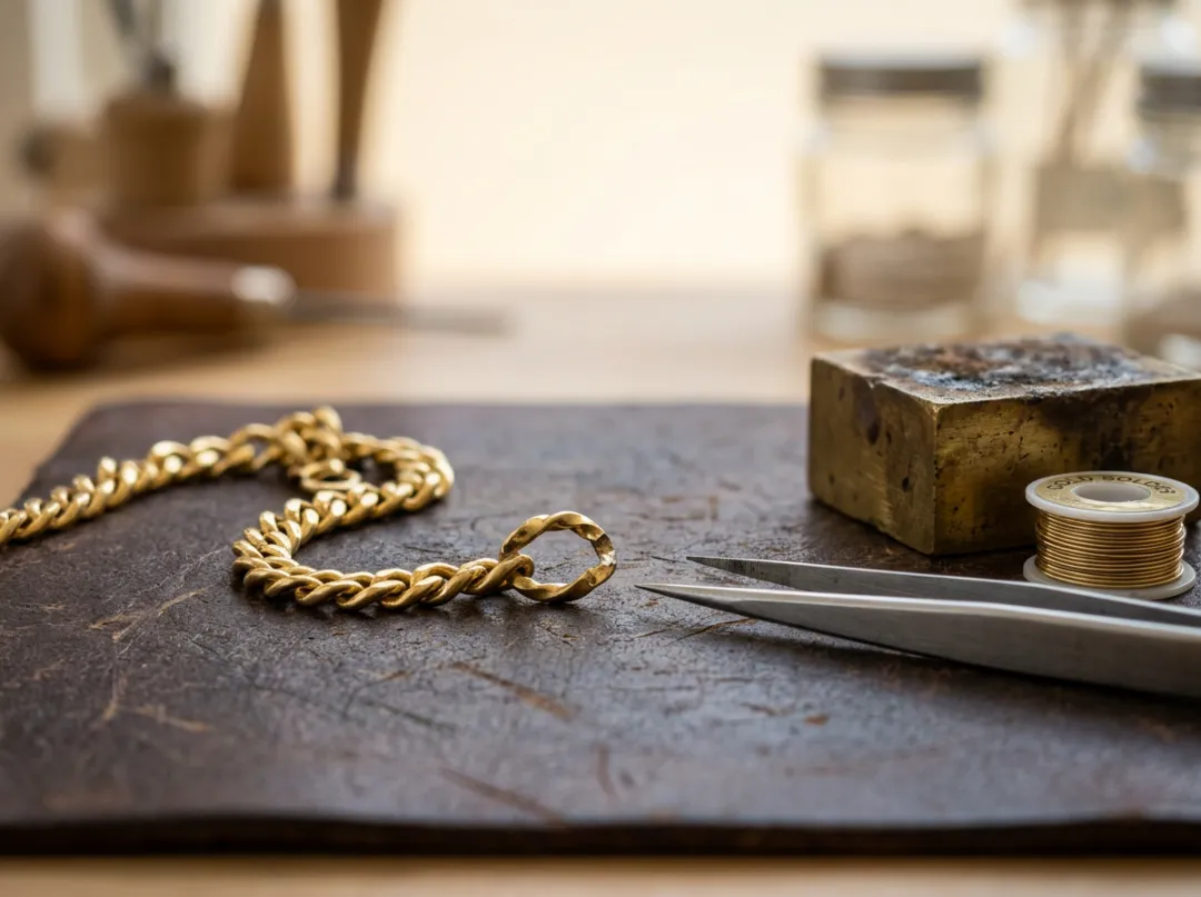 Broken gold chain with an open link on a bench mat beside tweezers and a soldering block