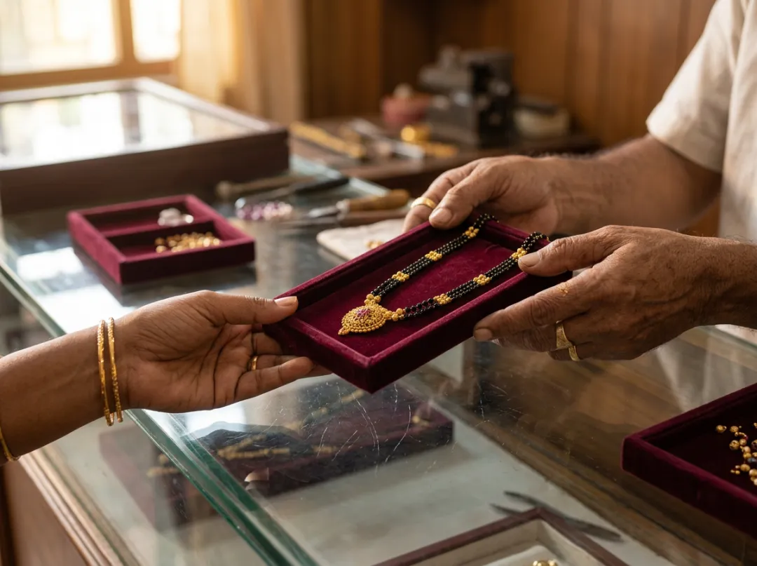 A repaired gold mangalsutra with black beads being handed back across the counter on a velvet tray