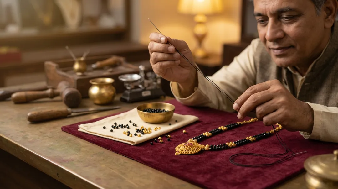 A jeweller rethreading a traditional gold mangalsutra with black beads at Swarn Shikhar Jewellers, Chembur
