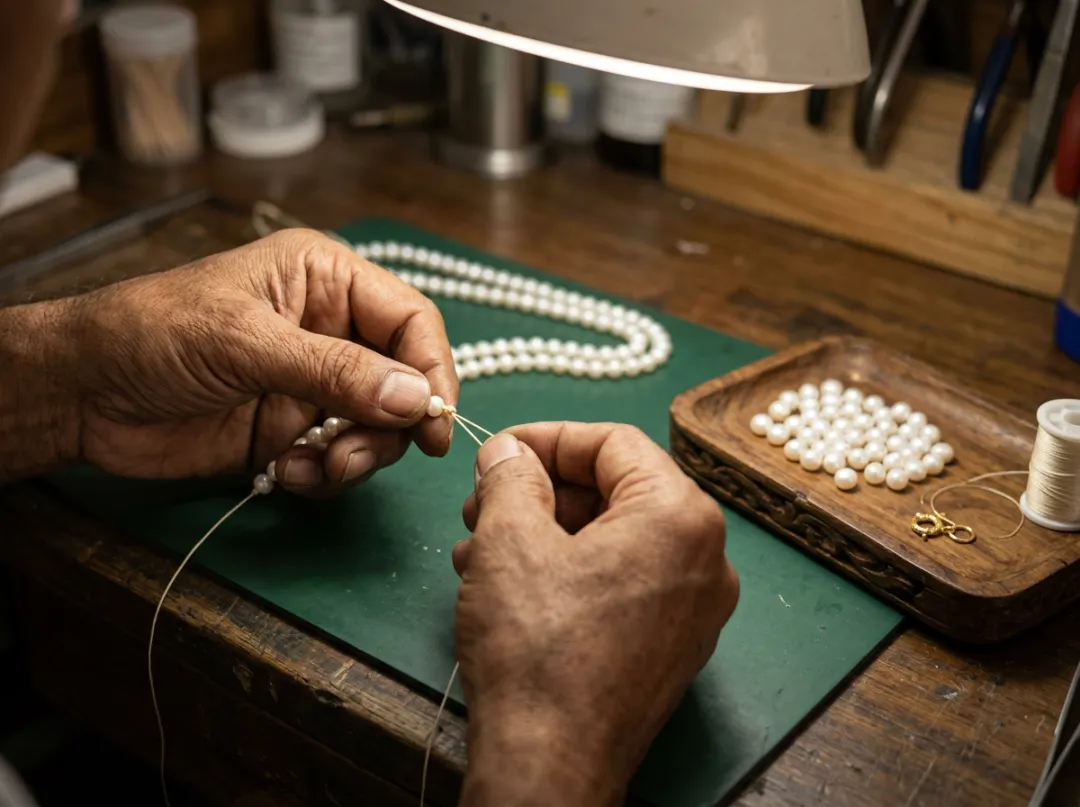 A jeweller's hands knotting silk thread between pearls while restringing a pearl mala