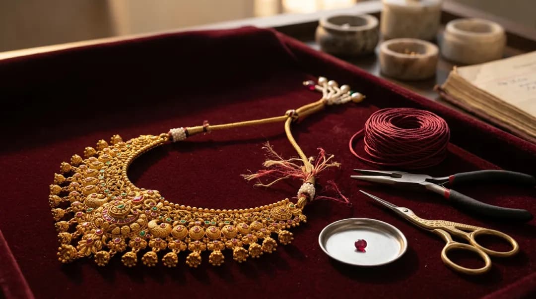 An antique gold necklace with a frayed dori laid out for repair at Swarn Shikhar Jewellers, Chembur