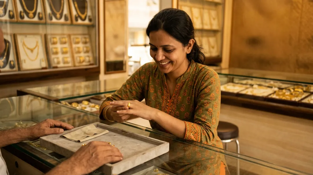 A customer trying on her freshly resized gold ring at the counter