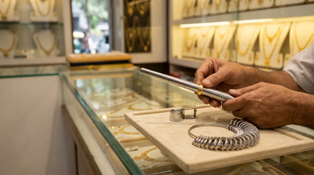 A jeweller measuring a gold ring on a sizing mandrel at the counter of Swarn Shikhar Jewellers, Chembur