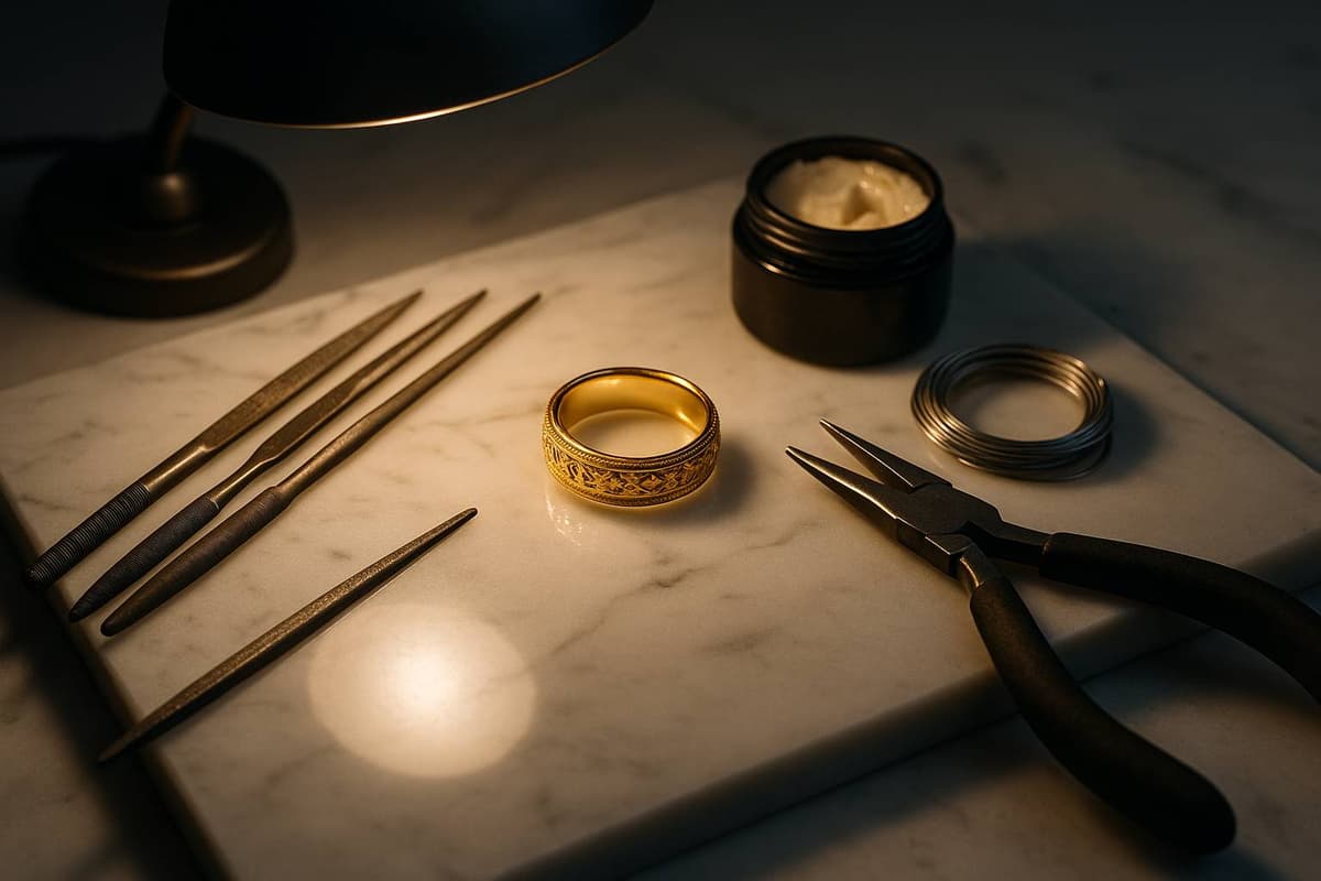 Jewellery repair tools arranged on a workbench