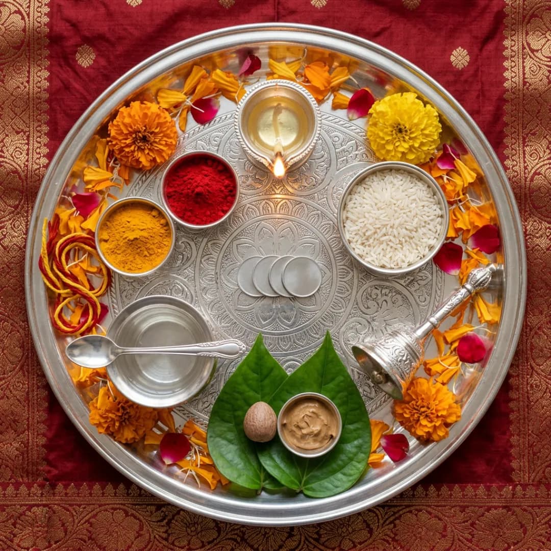 Top view of a complete silver Lakshmi Puja thali: lit diya at the top, haldi and kumkum katoris, a katori of akshat rice, a stack of silver coins in the centre, panchpatra with achmani spoon, a ghanti bell, betel leaves with supari and chandan, a kalava thread, and marigold petals around the rim