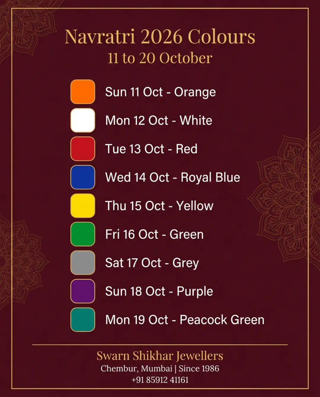 Navratri 2026 nine colours card with day-wise dates, from Swarn Shikhar Jewellers, Chembur