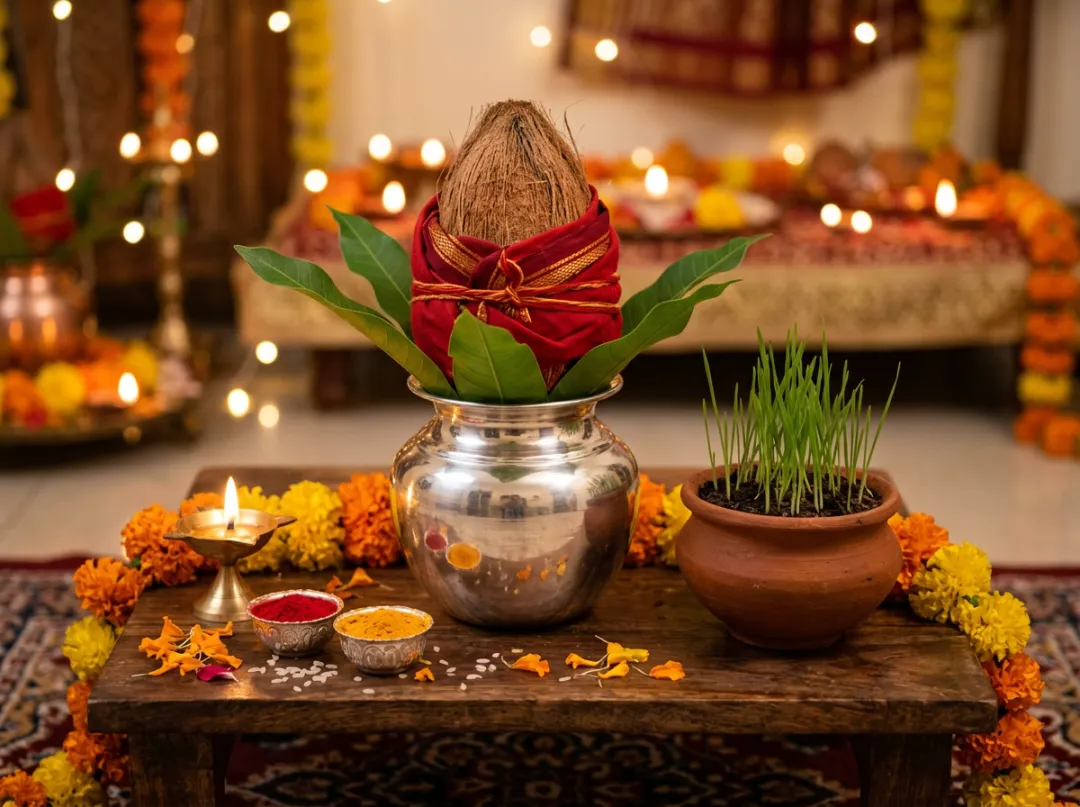 Ghatasthapana setup: silver kalash with mango leaves and coconut, barley sprouts in a clay pot, diya and marigolds on a wooden chowki