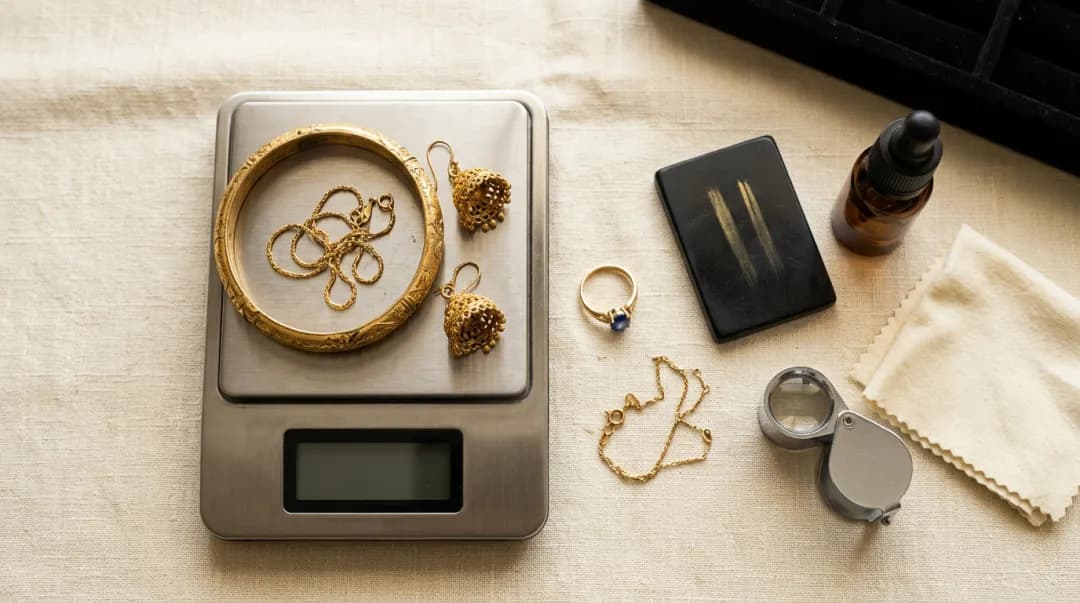 Old gold jewellery on a jewellery scale at the counter: a worn engraved bangle, a coiled chain and a pair of jhumkas, with a sapphire ring, a broken chain, a touchstone, a loupe and a testing bottle beside it