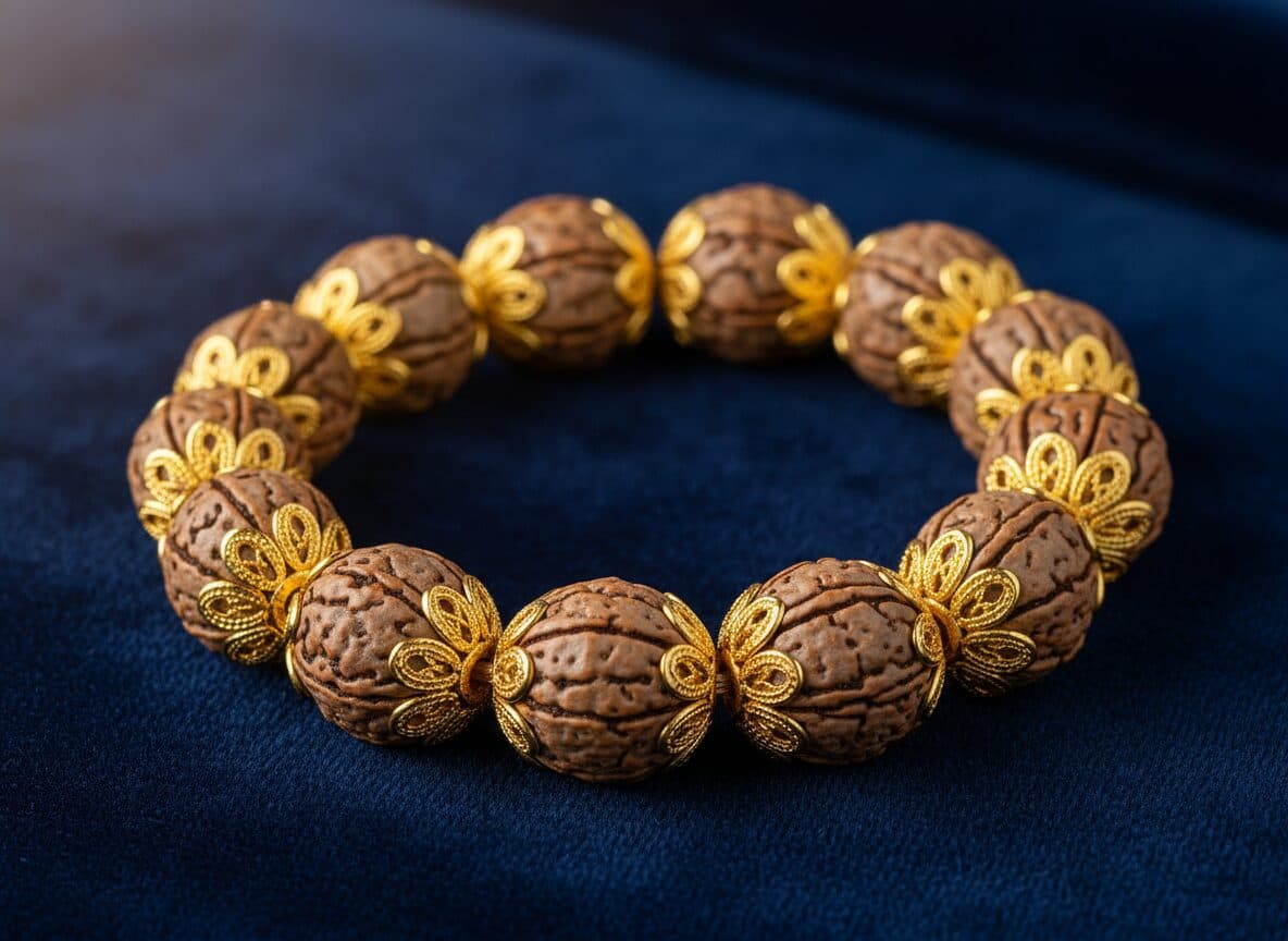 22K gold rudraksha bracelet with petal-style gold caps and natural 5-mukhi rudraksha beads. BIS hallmarked, Swarn Shikhar Jewellers Chembur Mumbai