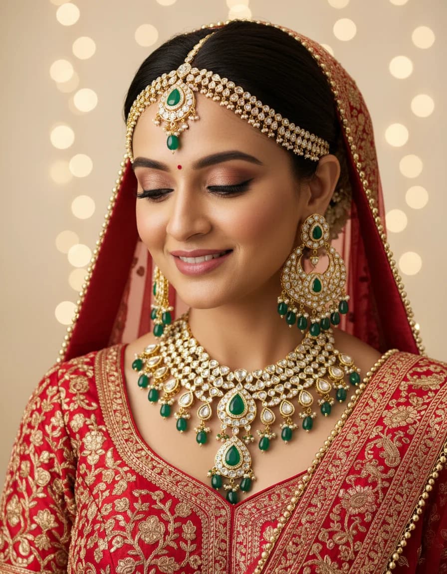 Indian bride wearing complete bridal jewelry set from Swarn Shikhar Jewellers