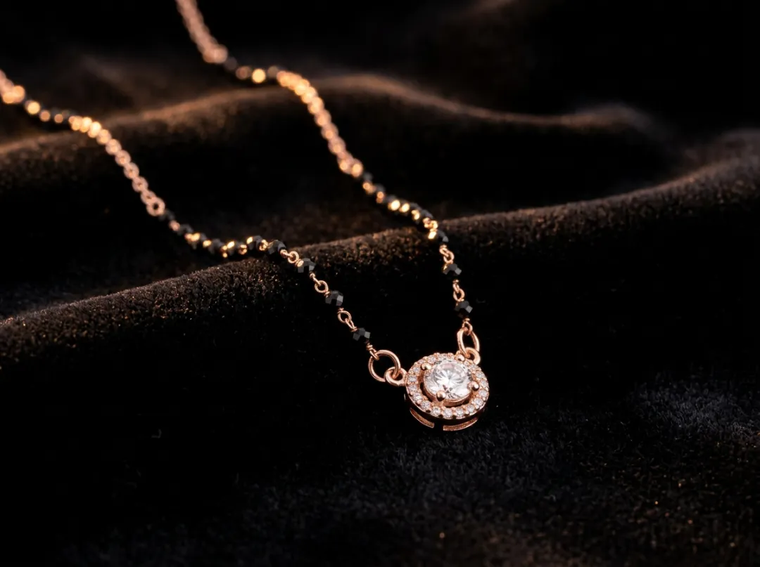 Rose gold mangalsutra with pavé halo pendant and black beads
