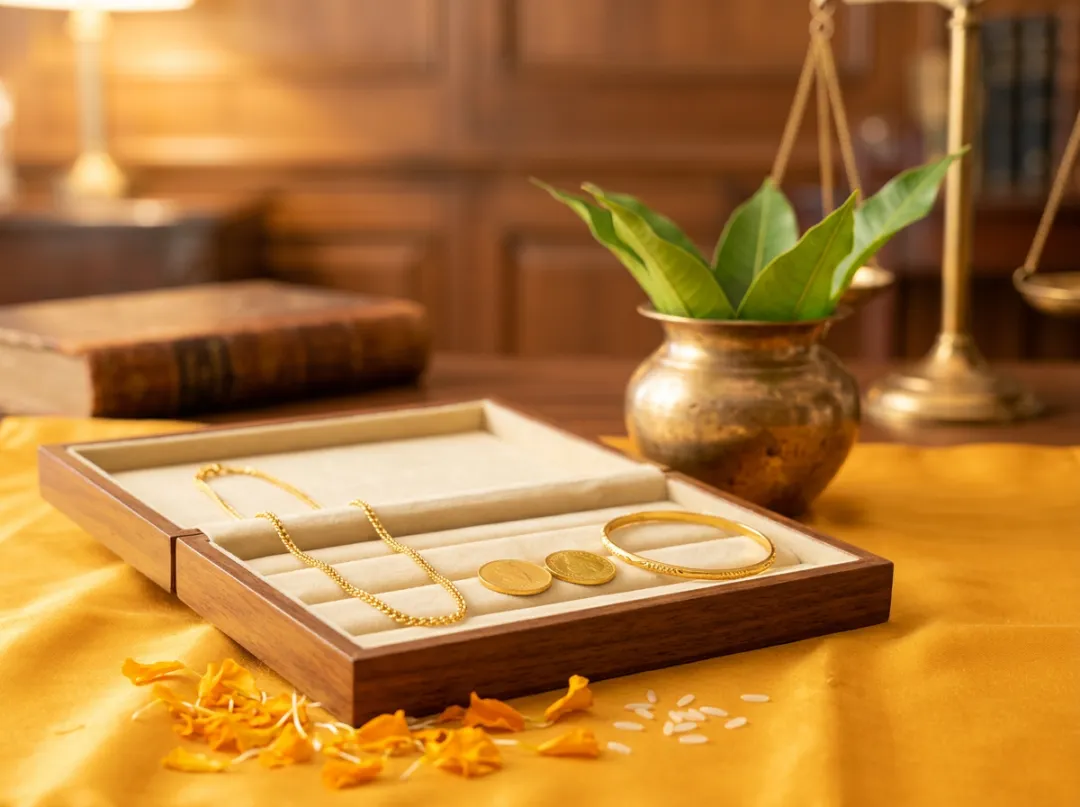 Akshaya Tritiya display: a jeweller's tray of 22K gold chain, coins and a bangle on saffron silk, with a brass pot of mango leaves