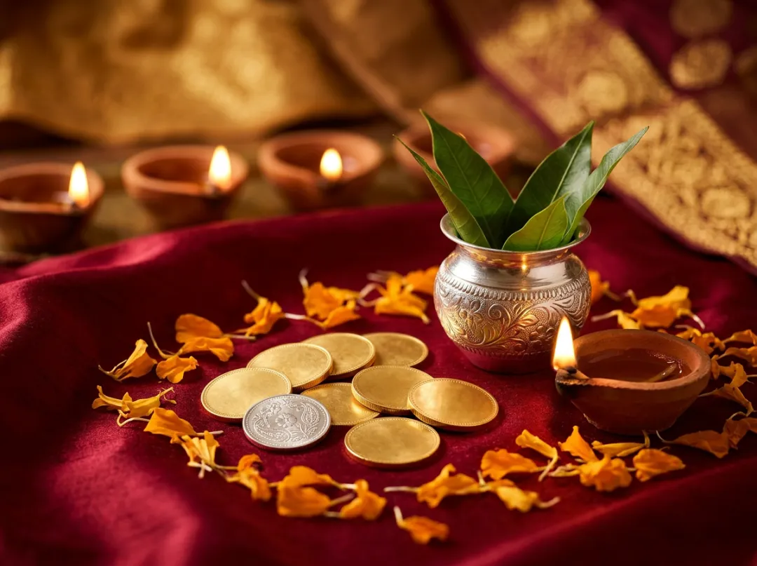 Dhanteras setup: gold coins and a silver coin on red silk beside a lit diya, a silver kalash with mango leaves and marigold petals