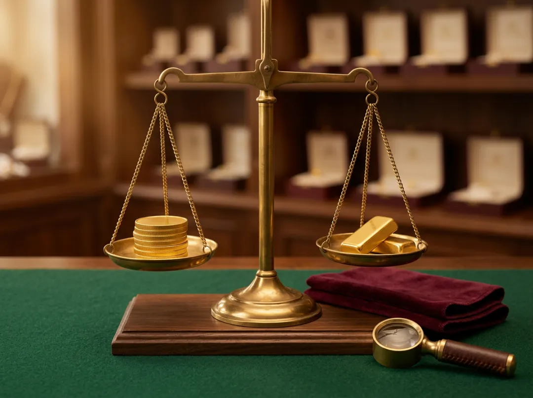 Brass jeweller's balance scale weighing a stack of 22K gold coins against two small gold bars on a shop counter