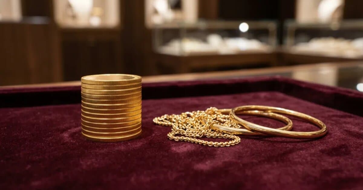 Stacked 22K gold bangles and a fine gold chain laid on deep red velvet