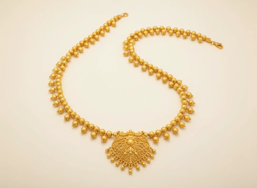 22K gold gundla mala necklace with graduated round gold beads and ornate temple pendant featuring filigree work — BIS hallmarked, Swarnshikhar Jewellers Chembur Mumbai