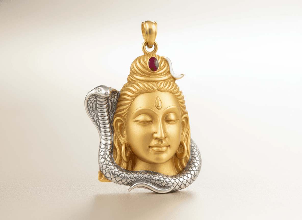 22K gold Lord Shiva face pendant with divine third eye, jata mukut crown and Vasuki nag serpent — dual-tone rhodium finish, BIS hallmarked, Swarnshikhar Jewellers Chembur Mumbai