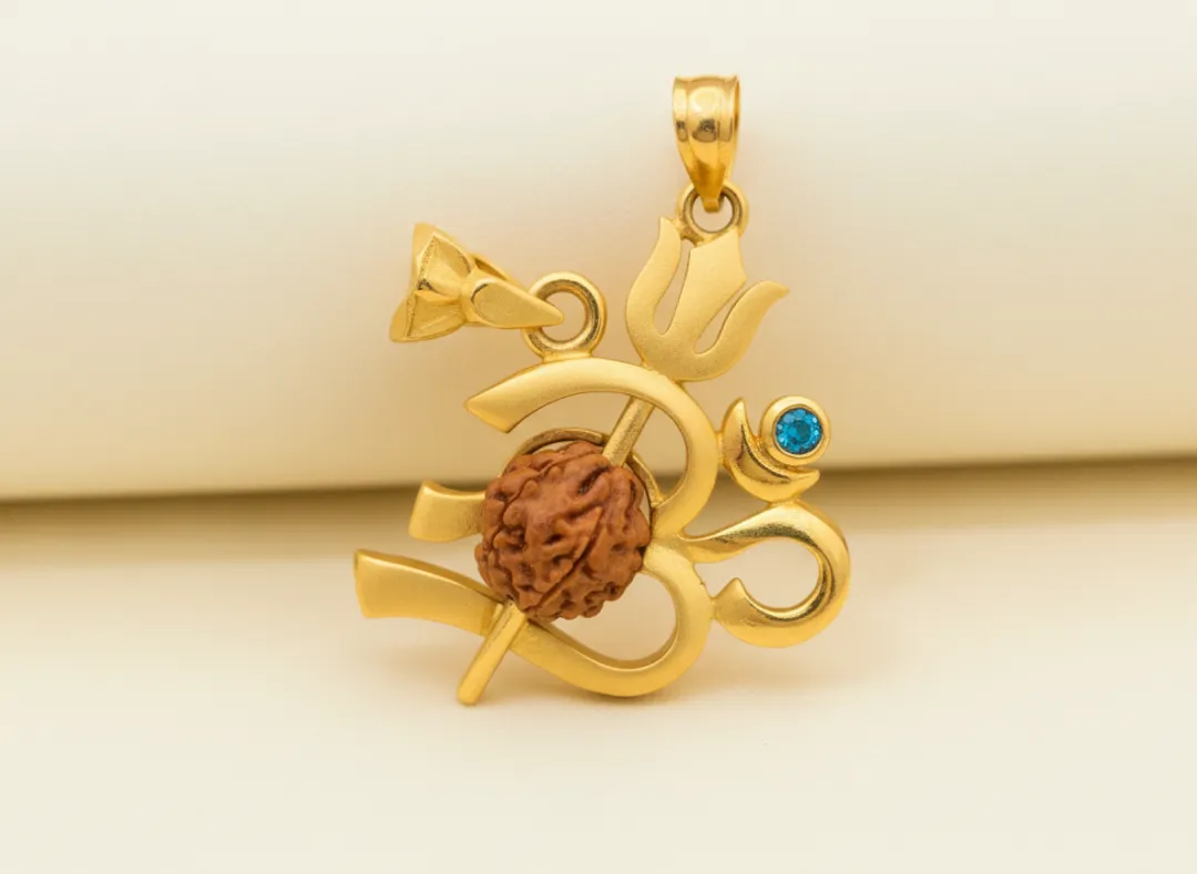 Gold Om Trishul Rudraksha Pendant in 22K yellow gold with natural 5-mukhi bead | Swarnshikhar Jewellers