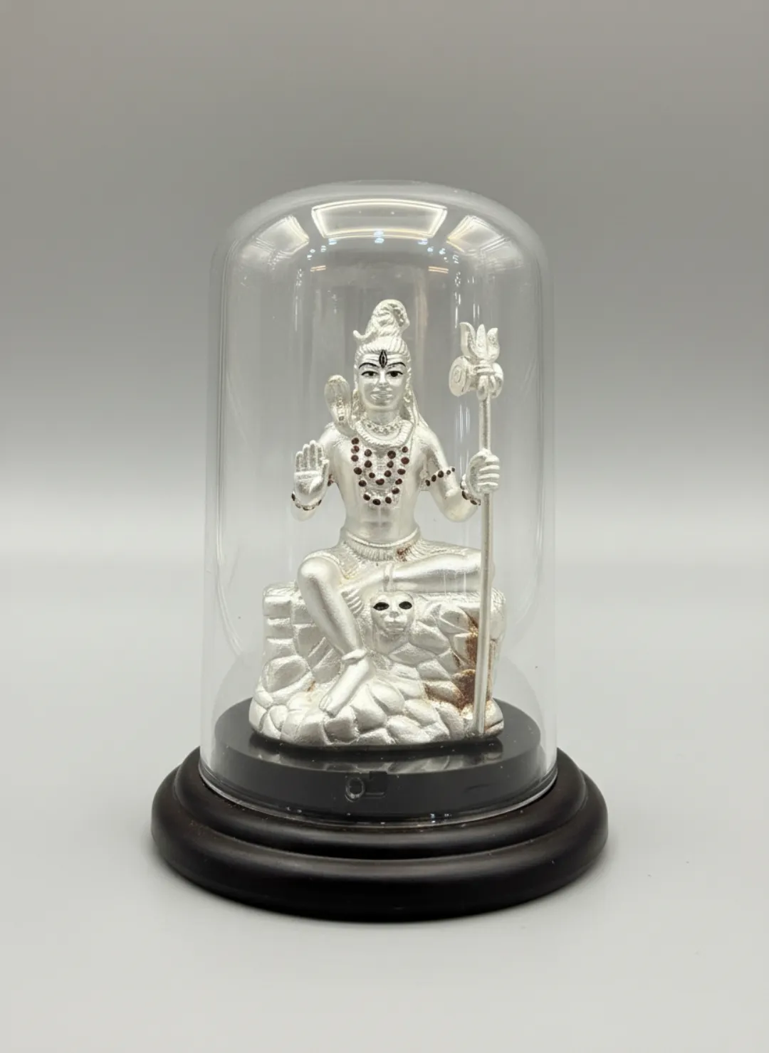 Silver Lord Shiva murti idol in glass dome for home mandir — 999 fine silver, BIS hallmark certified, Swarn Shikhar Jewellers Chembur Mumbai