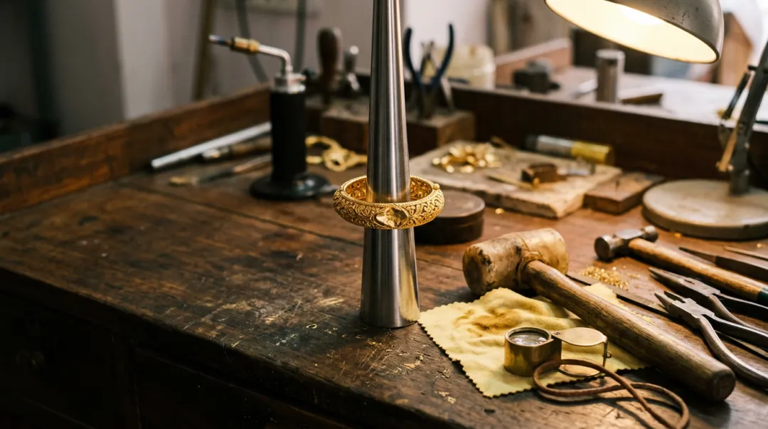 A carved gold bangle on a steel mandrel beside a rawhide mallet at Swarn Shikhar Jewellers, Chembur