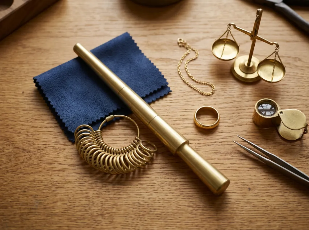Jeweller's bench flat-lay: ring sizer stick and sizing loops, brass balance scale, loupe, tweezers, a gold band and a fine gold chain