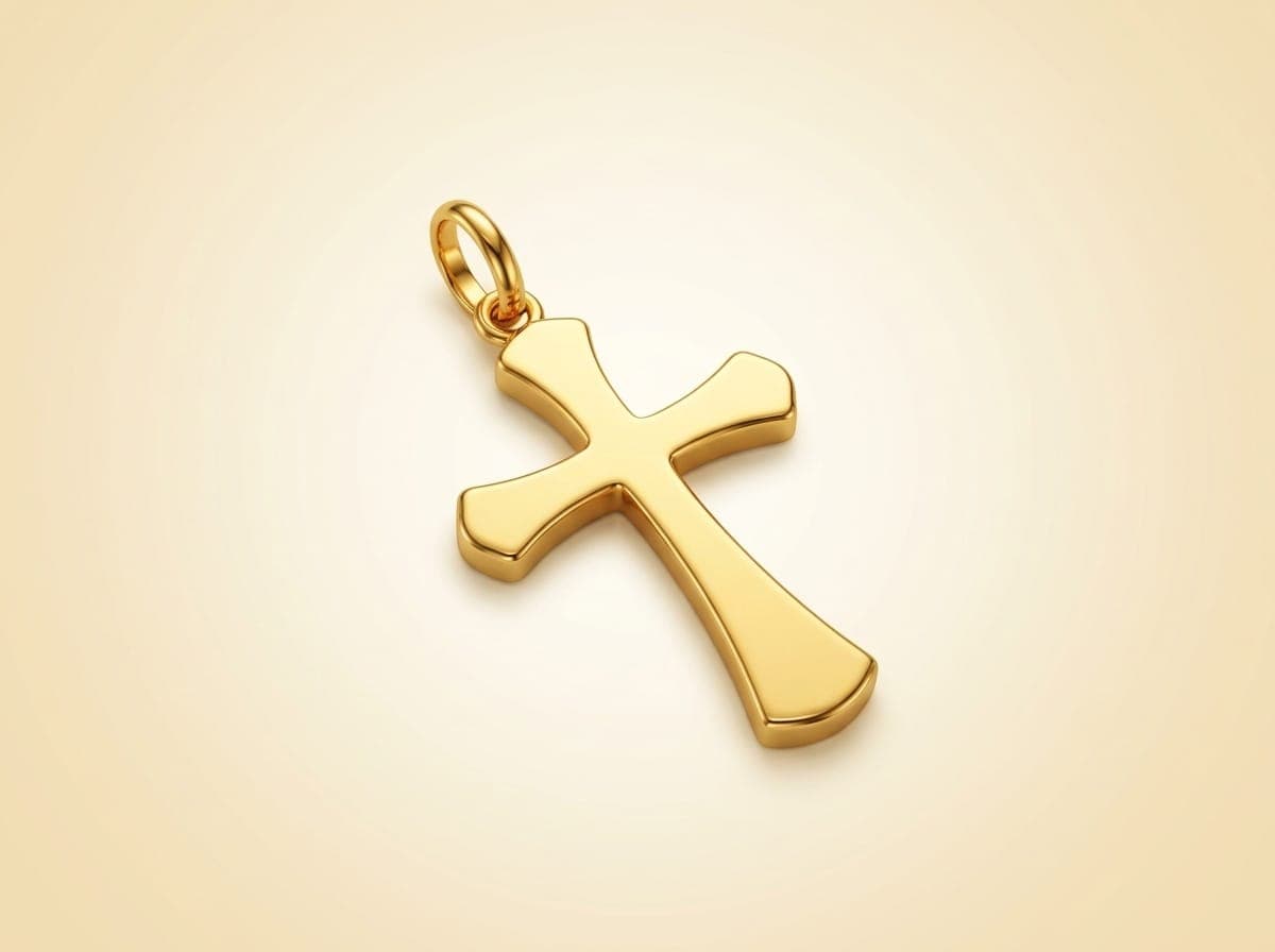 Polished 22K yellow-gold Holy Cross pendant with gently flared ends and a top bail on a warm ivory background