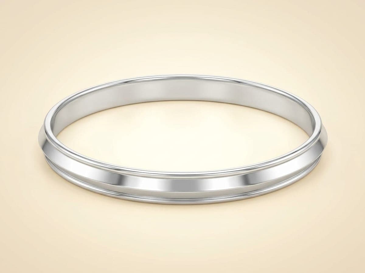 Full round polished 925 silver men's kada with a flat centre strip and bevelled raised edges
